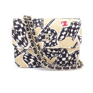Chanel Beige Black Checkered Flag Chain Shoulder Bag
